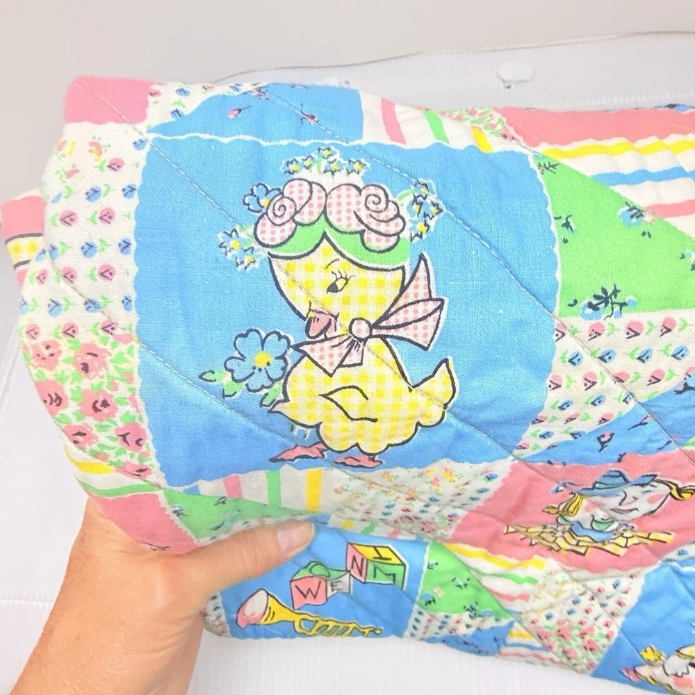 50's Vintage Handmade Nursery Rhyme Baby Quilt  Whimsical Throw 34x54
